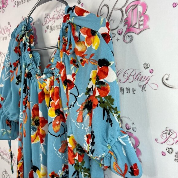 Zac & Rachel top ruffle detail flowers smock details  Blue Floral Blouse flowy - Picture 4 of 12